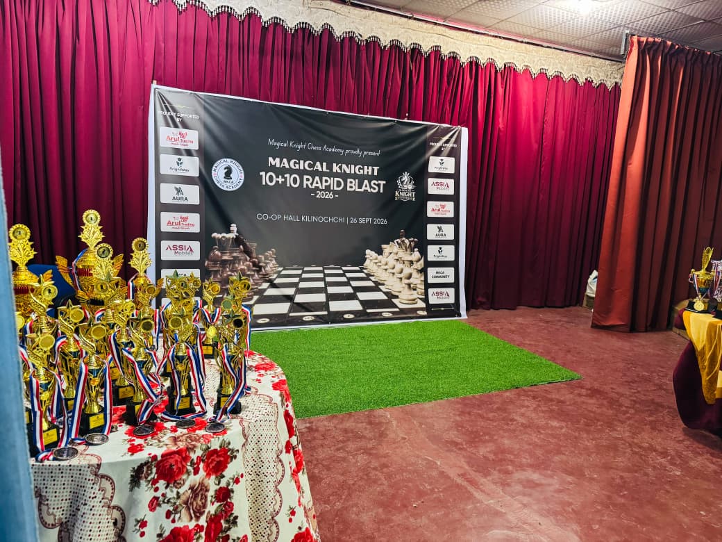 Awards stage prepared with trophies for the tournament categories
