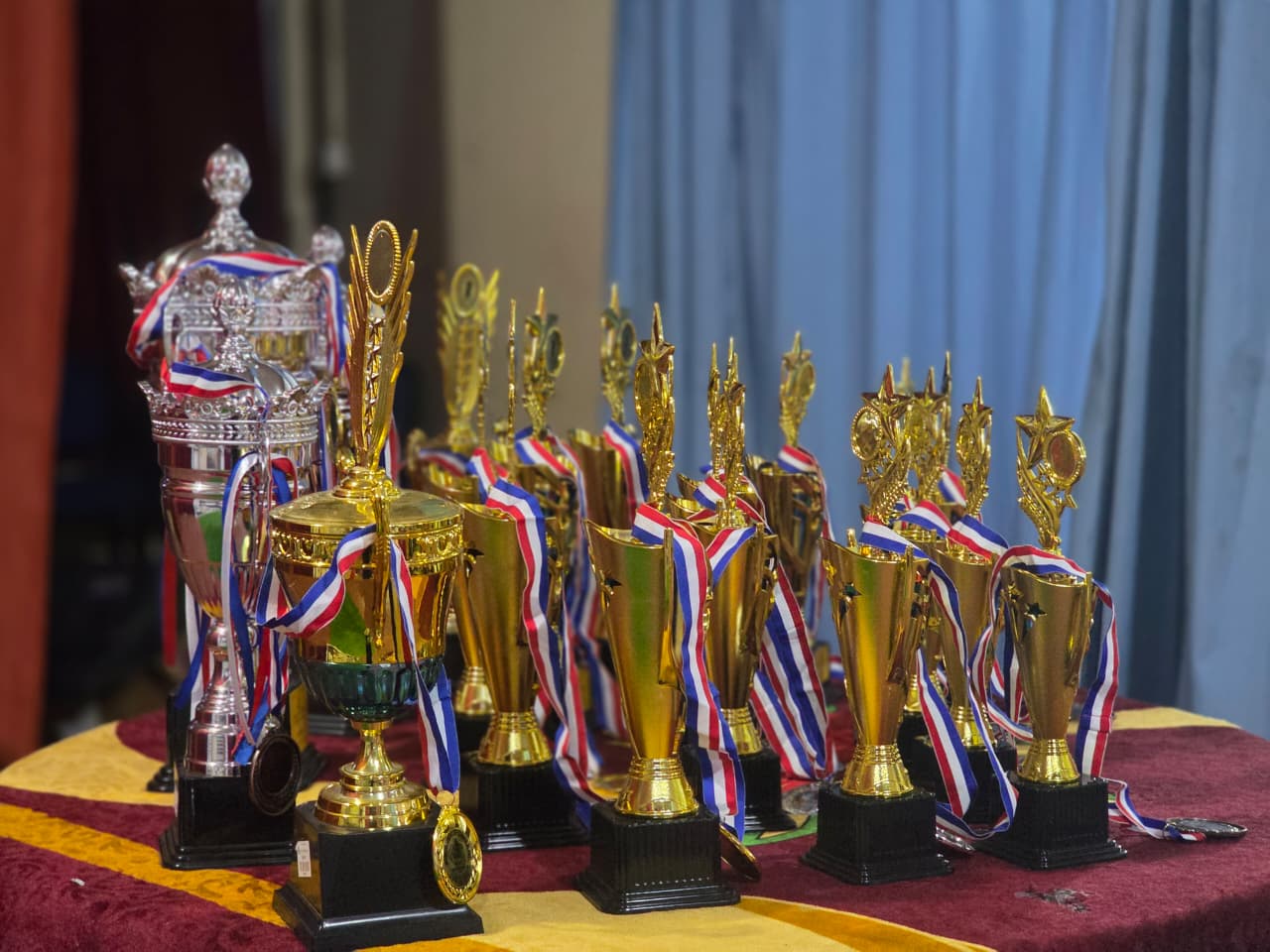 Championship trophies and medals displayed together